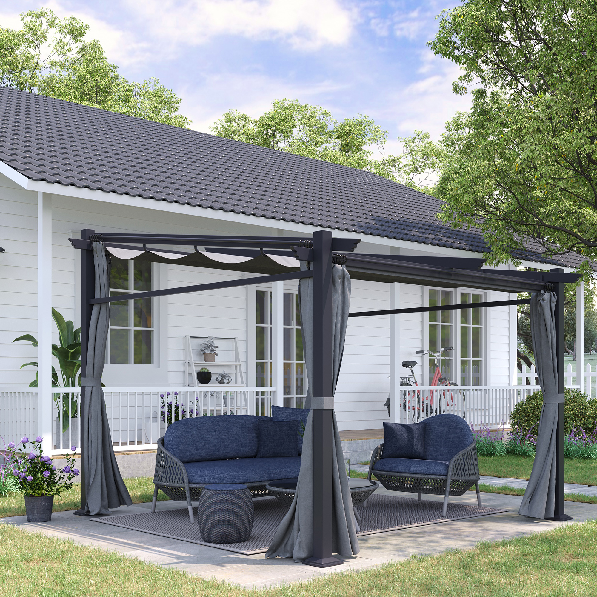 OUTSUNNY Volně stojící kovová pergola se stahovací plátěnou střechou a bočnicemi 297 x 295 cm šedá - Obrázek 2