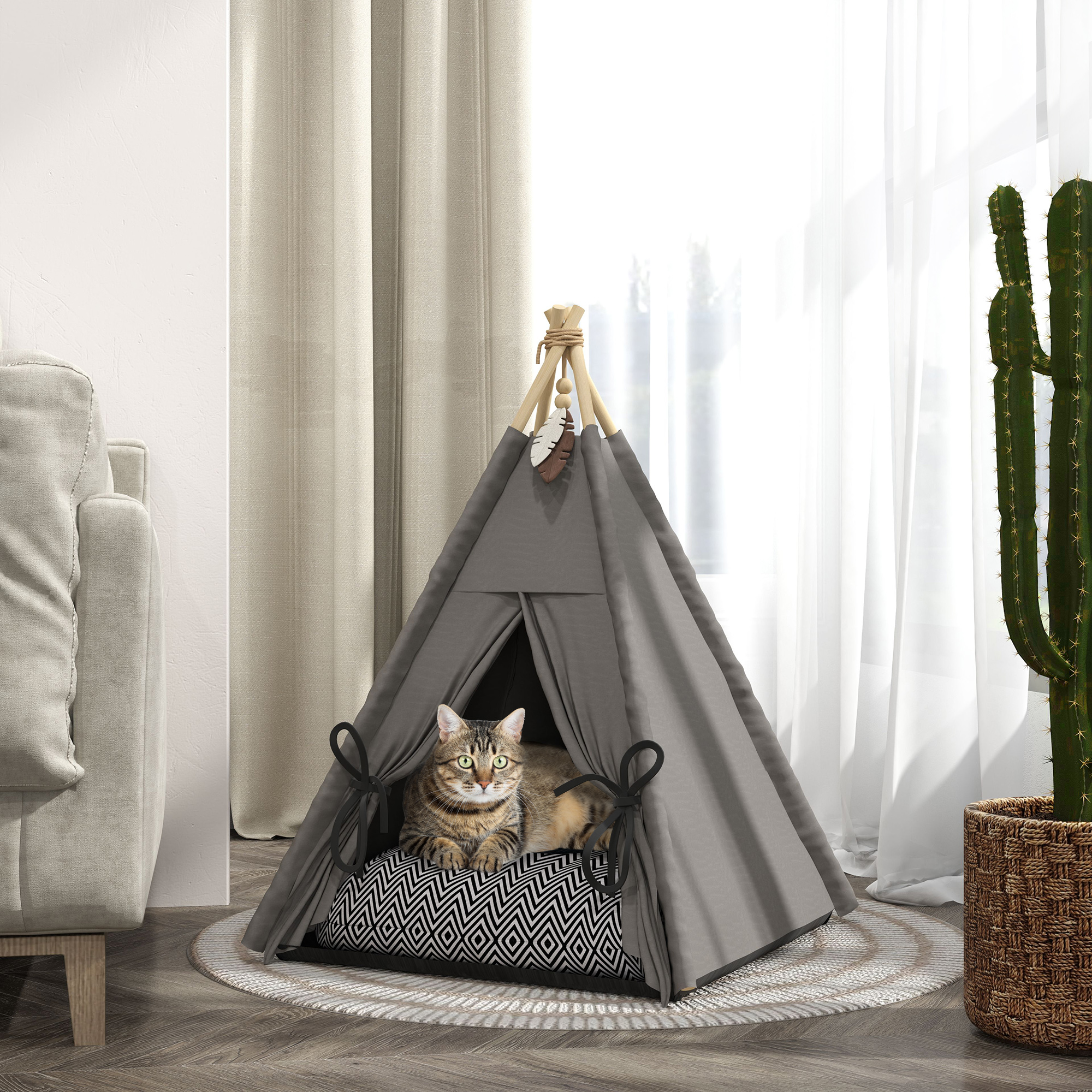 PAWHUT Pelíšek pro kočky TEEPEE 60 x 60 x 76 cm šedá - Obrázek 2