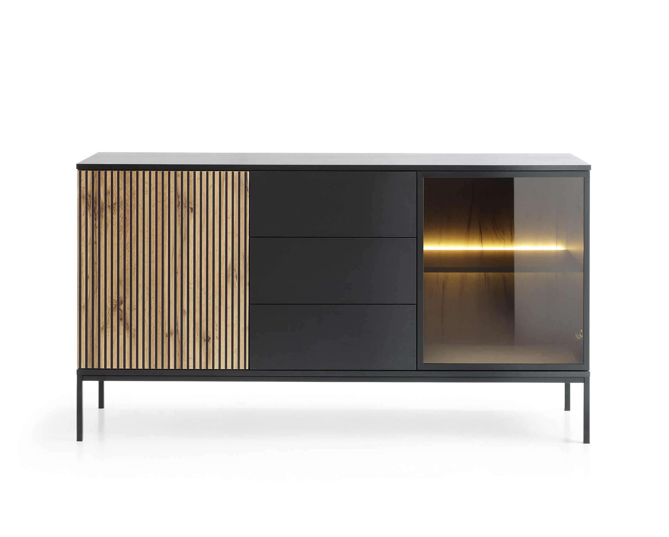 Piaski Komoda Sento s LED osvětlením 154 cm dub wotan/černá