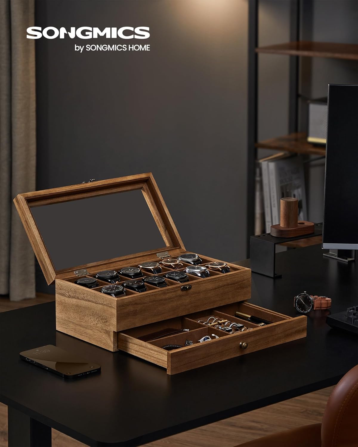 SONGMICS Box na hodinky a šperky s proskleným víkem hnědá - Obrázek 2