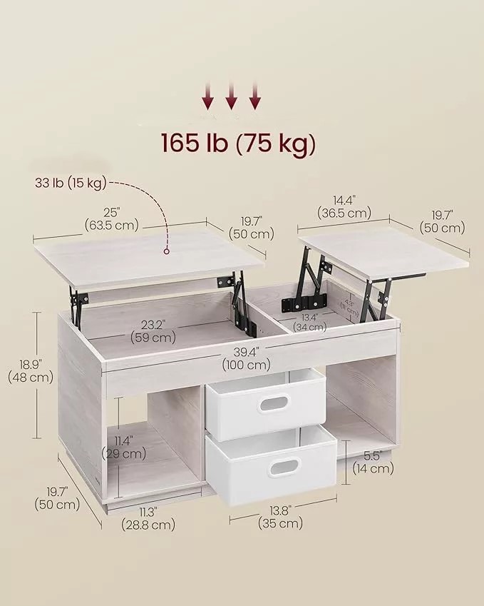 SONGMICS Konferenční stolek Vasagle Uma s výsuvnou deskou 100 cm béžový - Obrázek 2