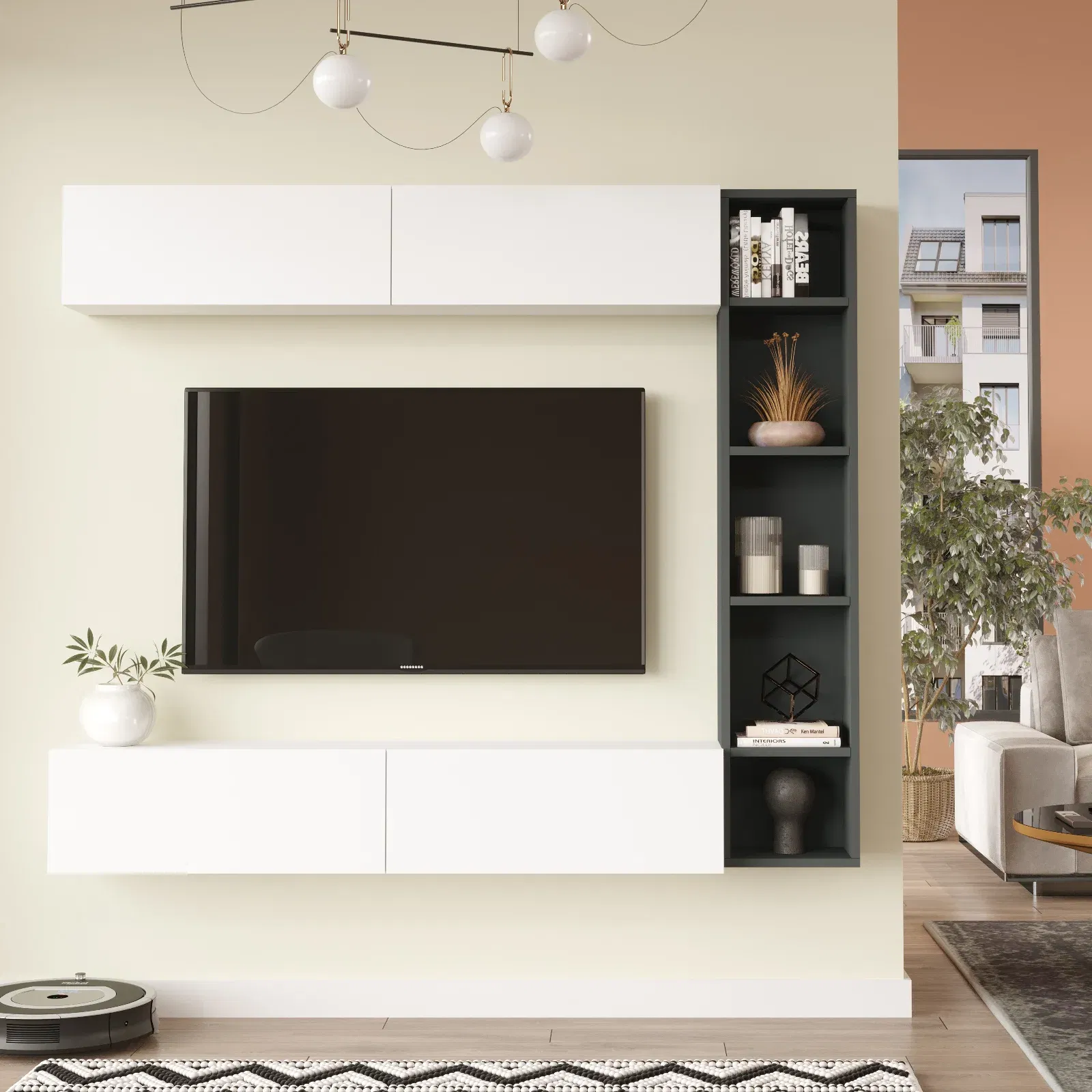 TV stěna Houseland Cohen bílá/antracitově šedá