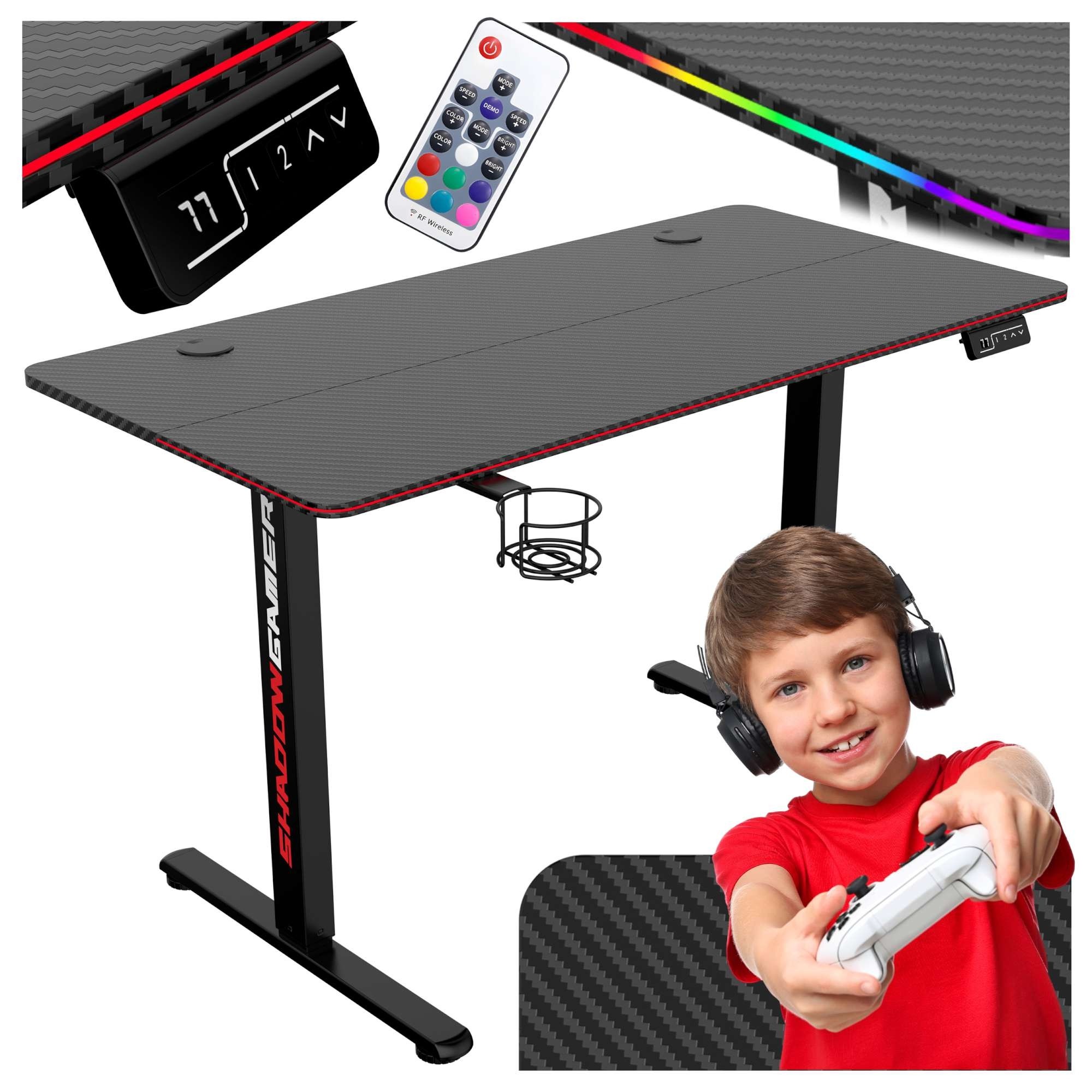 TZB Výškově nastavitelný elektrický herní stůl SHADOW GAMER 2.0 LED RGB 120 cm černý - Obrázek 2