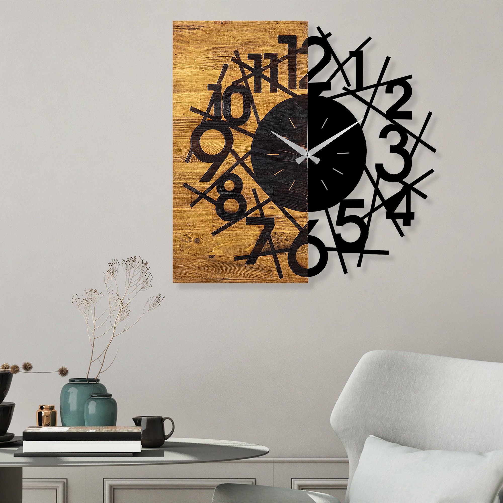 Wallity Nástěnné dekorativní hodiny WALLIE I. 58 cm ořech/černá - Obrázek 2