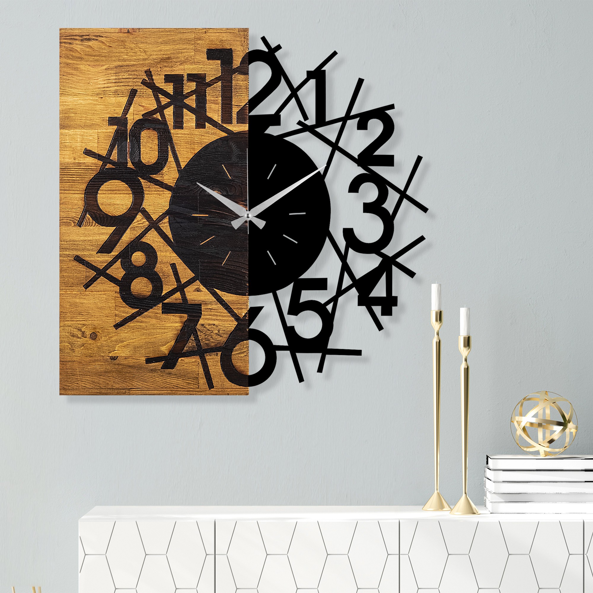 Wallity Nástěnné dekorativní hodiny WALLIE I. 58 cm ořech/černá