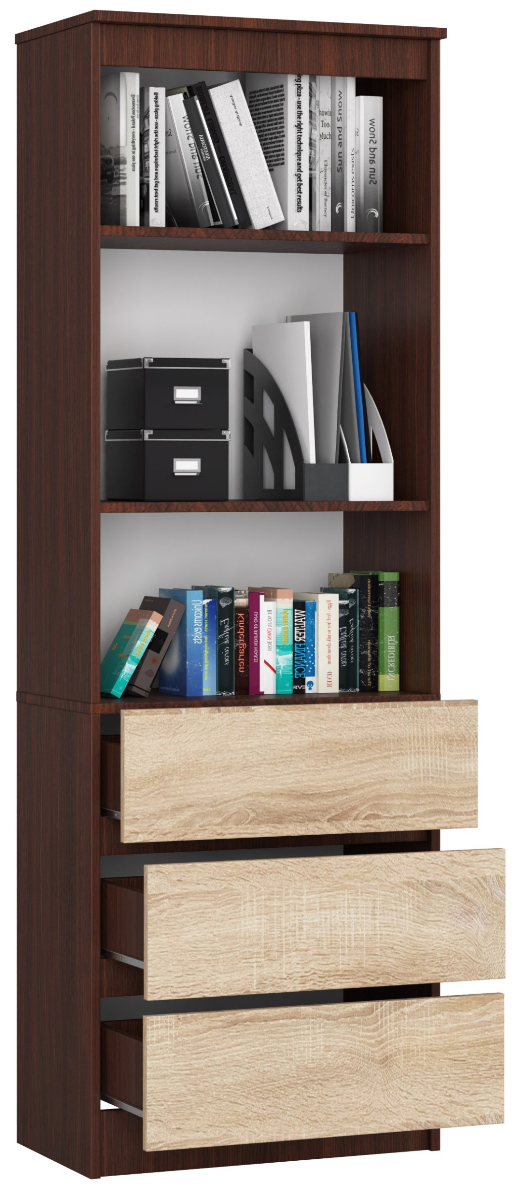 Ak furniture Knihovna Ronald 60 cm 3 šuplíky a 3 police wenge/sonoma - Obrázek 2
