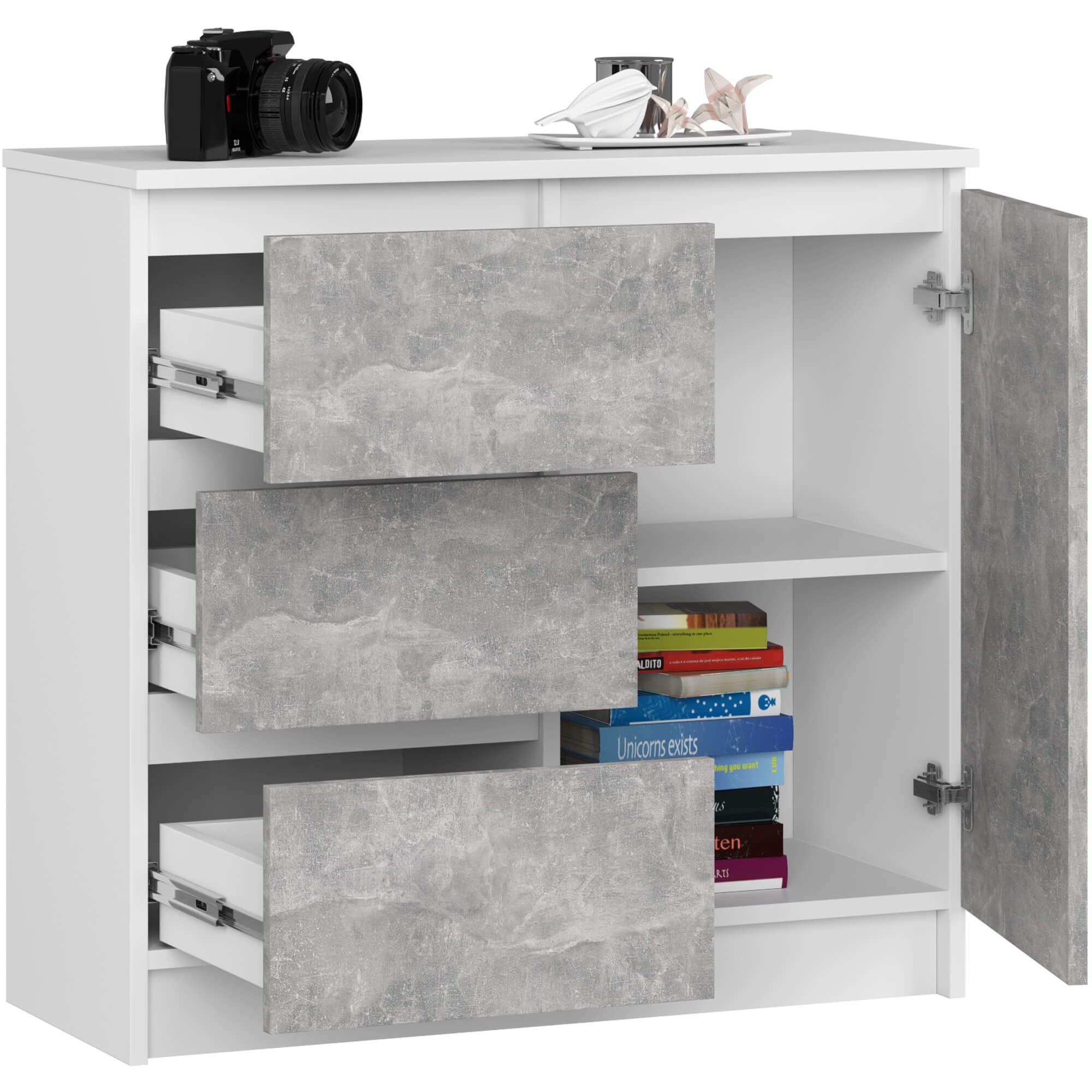 Ak furniture Komoda JERRY K 80 cm 1 dveře 3 zásuvky bílá/beton - Obrázek 2