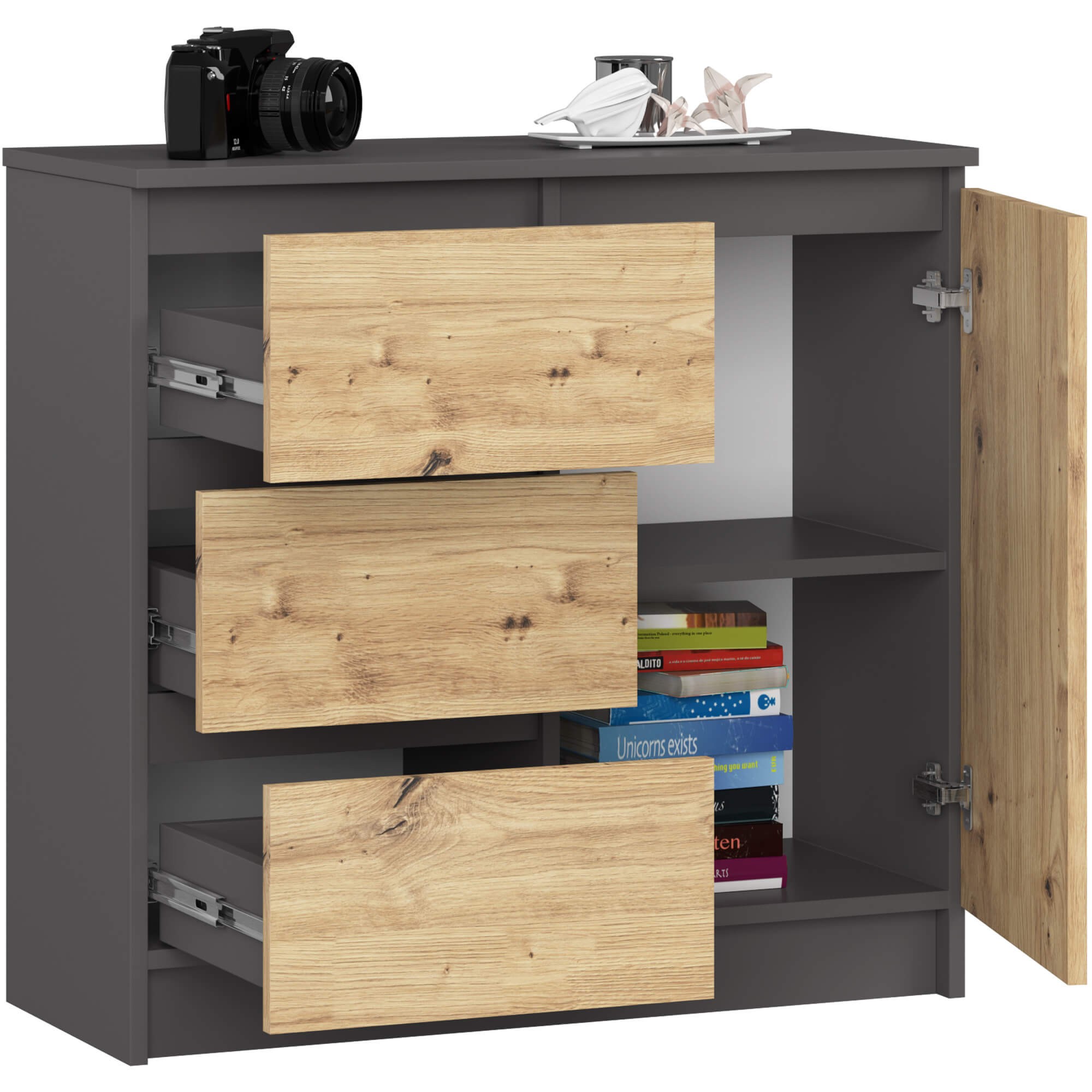 Ak furniture Komoda JERRY K 80 cm 1 dveře 3 zásuvky grafitově šedá/dub artisan - Obrázek 2