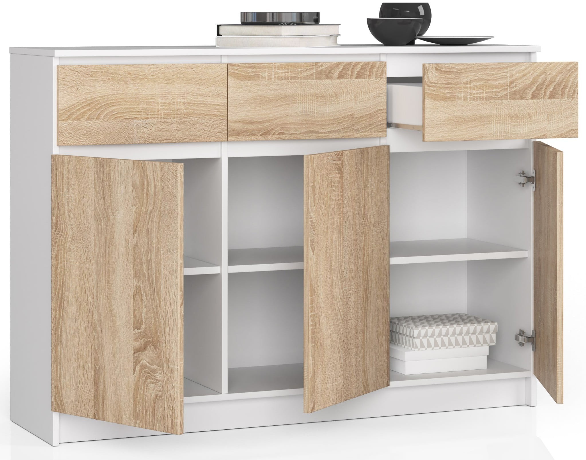 Ak furniture Komoda Karolína 140 cm 3 skříňky a 3 šuplíky bílá/sonoma - Obrázek 2