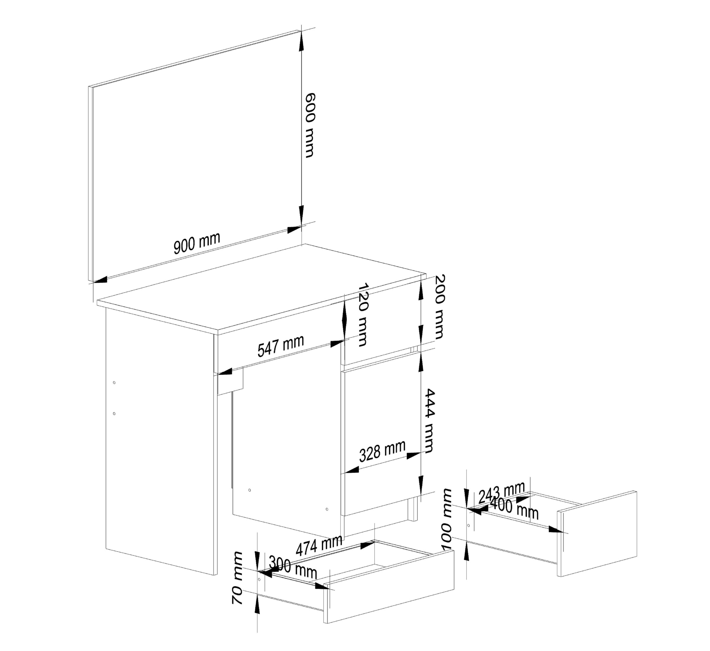 Ak furniture Kosmetický stolek se zrcadlem P-2 90x50 cm bílý pravý - Obrázek 2