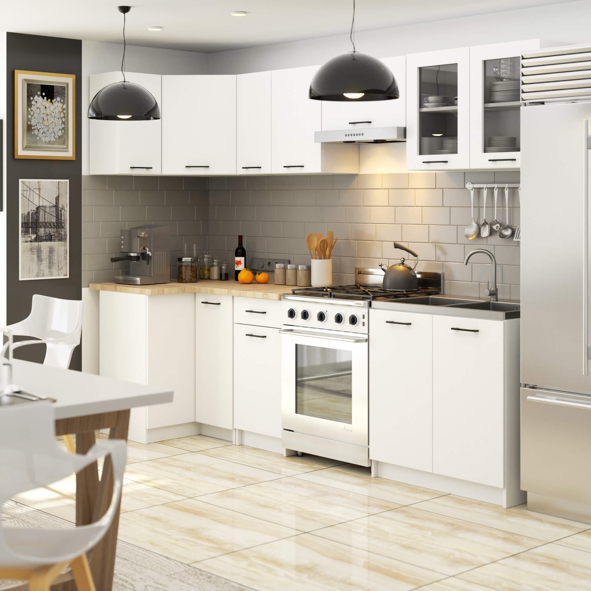 Ak furniture Kuchyňská rohová linka Olivie 3 m prosklená bílá/dub sonoma - Obrázek 2