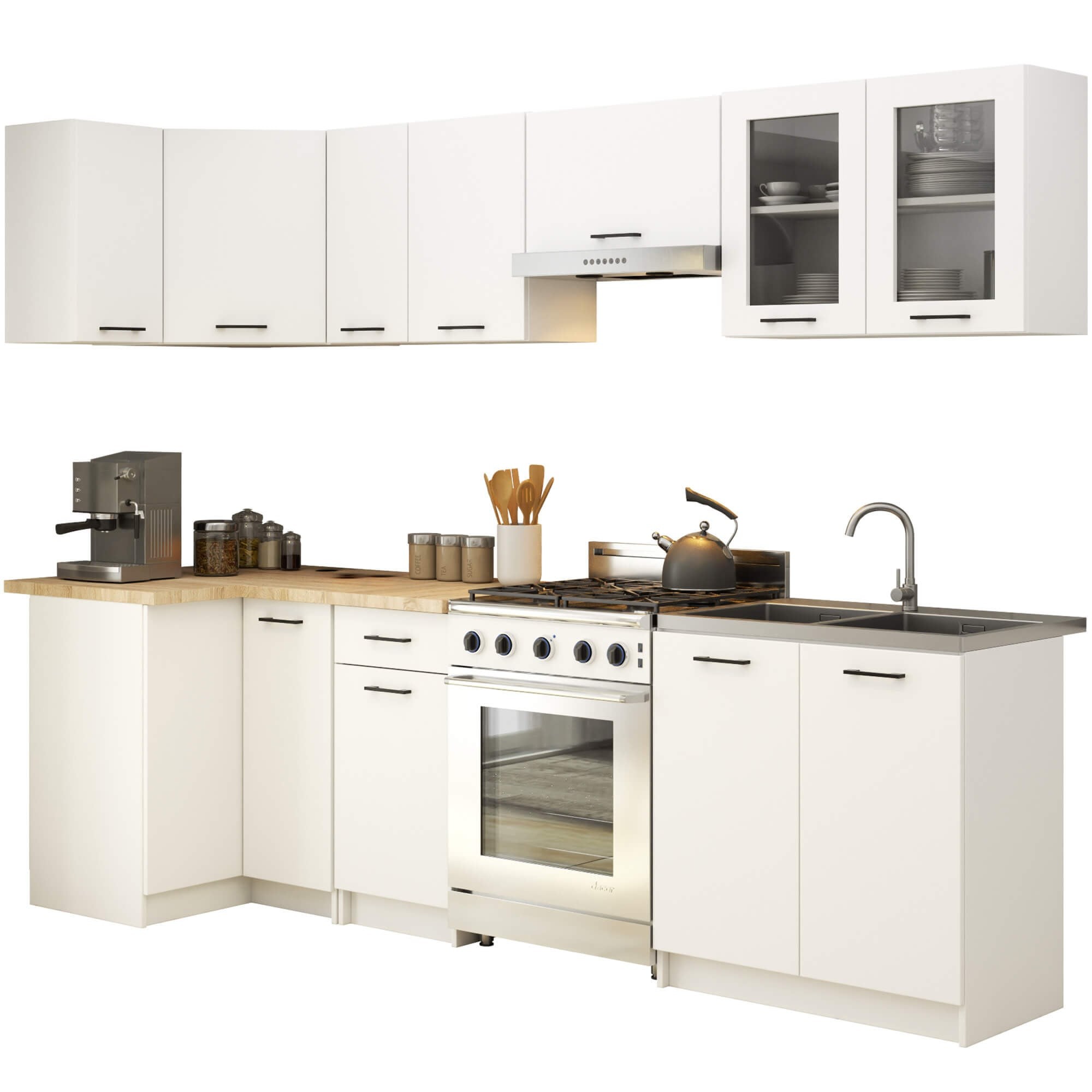 Ak furniture Kuchyňská rohová linka Olivie 3 m prosklená bílá/dub sonoma