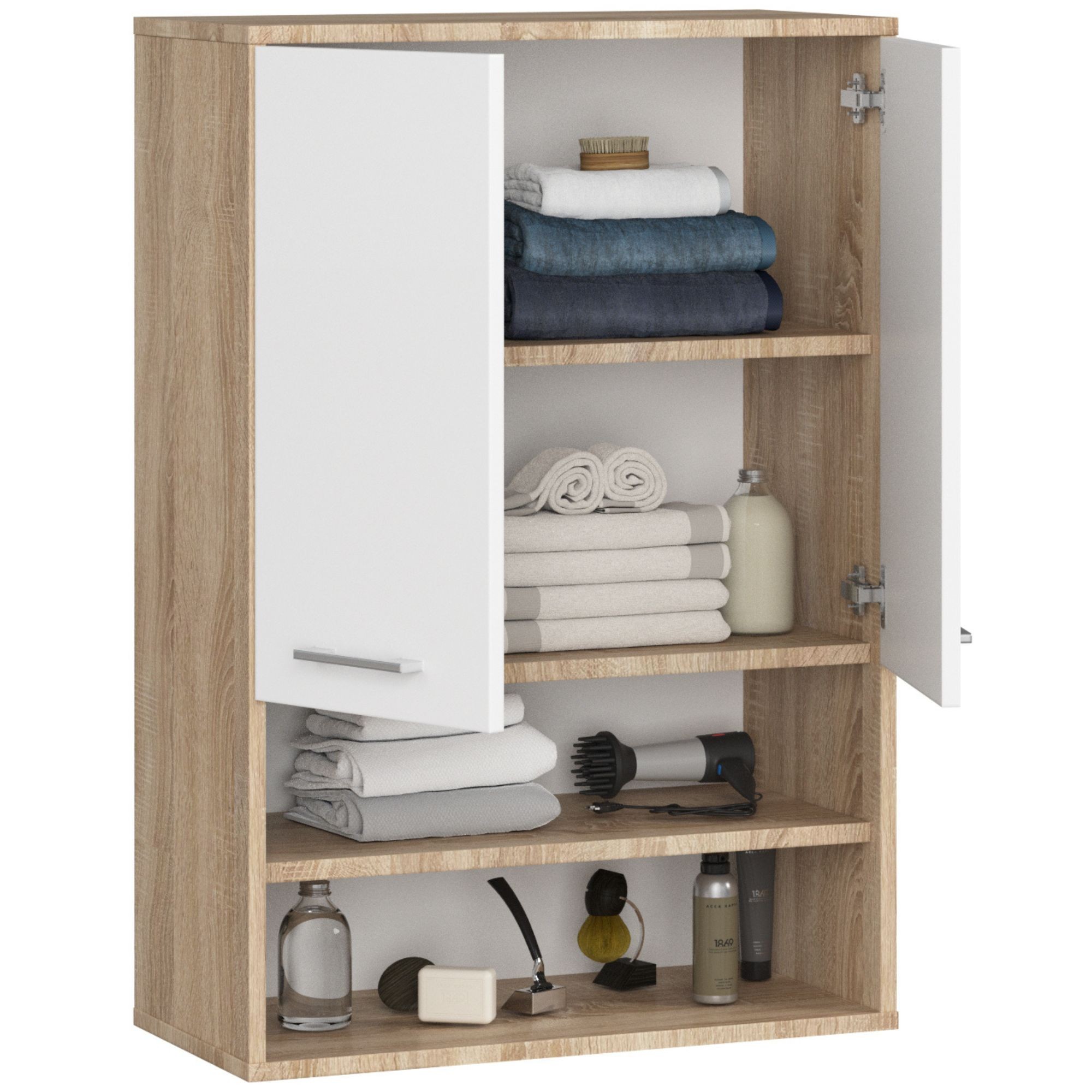Ak furniture Závěsná koupelnová skříňka Fin W64 2D 64 cm bílá/dub sonoma - Obrázek 2