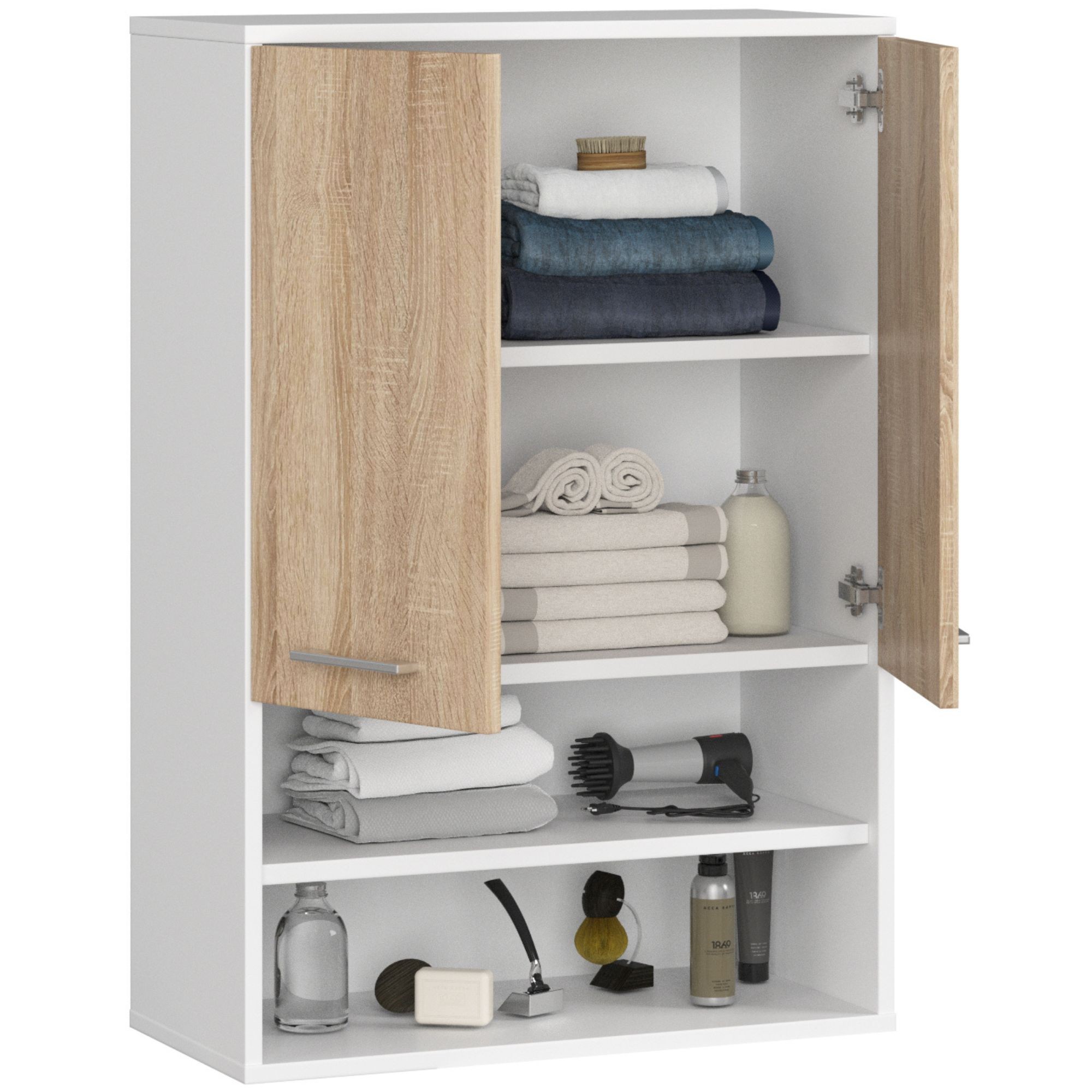 Ak furniture Závěsná koupelnová skříňka Fin W64 2D 64 cm bílá/dub sonoma - Obrázek 2