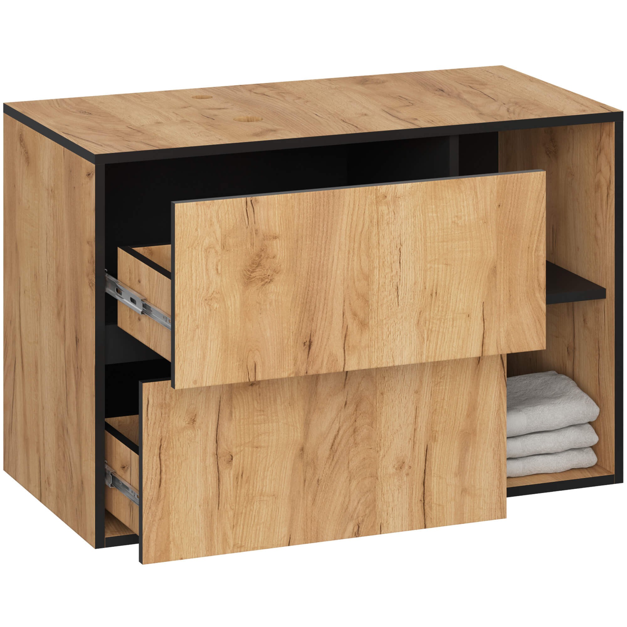 Ak furniture Závěsná skříňka pod umyvadlo VAMI s otvory 90 cm dub craft/černá - Obrázek 2