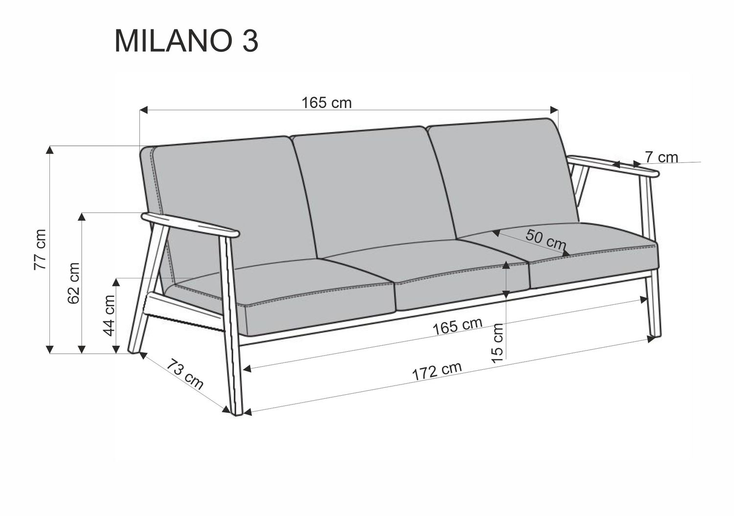 HALMAR Třímístná pohovka z masivu MILANO 175 cm popelavě šedá/ořech - Obrázek 2