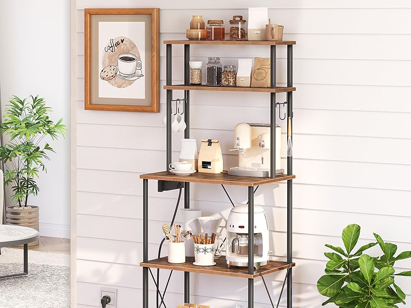 Kuchyňský regál Vasagle Filo 60 cm s vestavěnými zásuvkami černý/hnědý - Obrázek 2