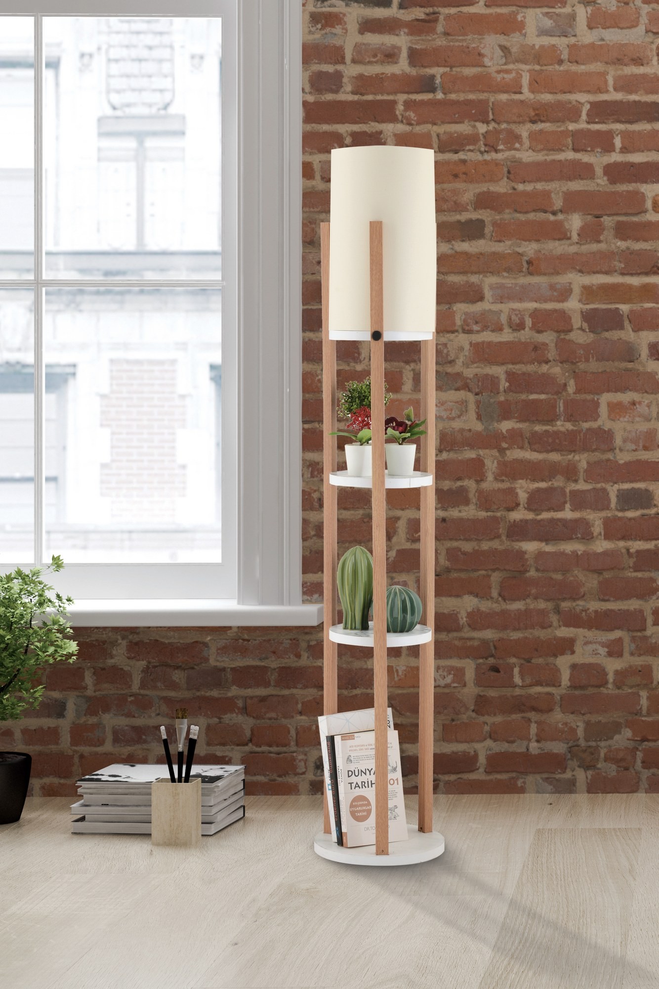 Opviq Stojací lampa Nora II bílá/dub přírodní - Obrázek 2