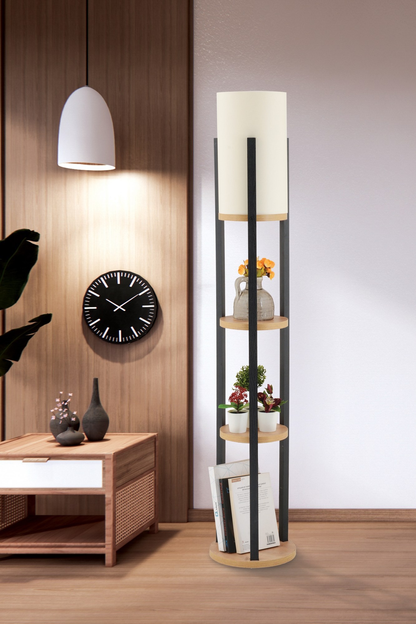 Opviq Stojací lampa Nora II černá/přírodní dub - Obrázek 2