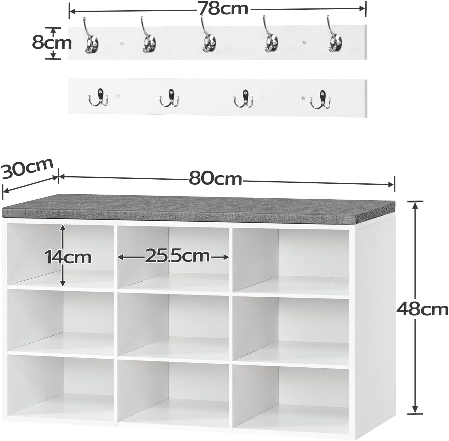 Předsíňový věšák s botníkem a sedákem Vasagle Jungo 80 cm bílý/šedý - Obrázek 2