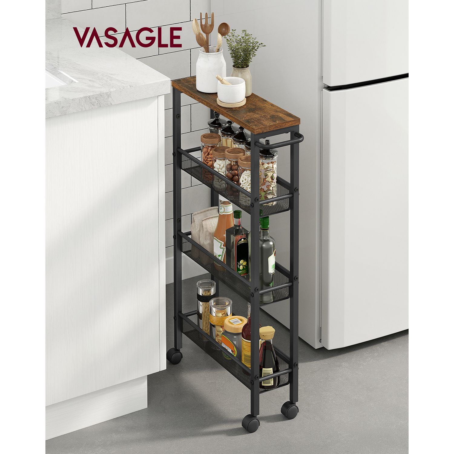VASAGLE Kuchyňský vozík 3 košíky 13 x 77 x 45 cm hnědá - Obrázek 2