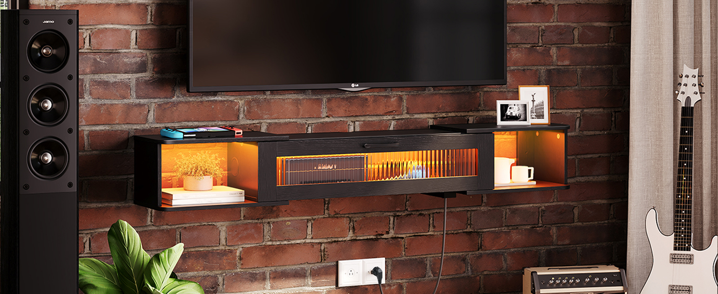 VASAGLE Závěsný TV stolek Browny 140 cm s LED osvětlením černý - Obrázek 2