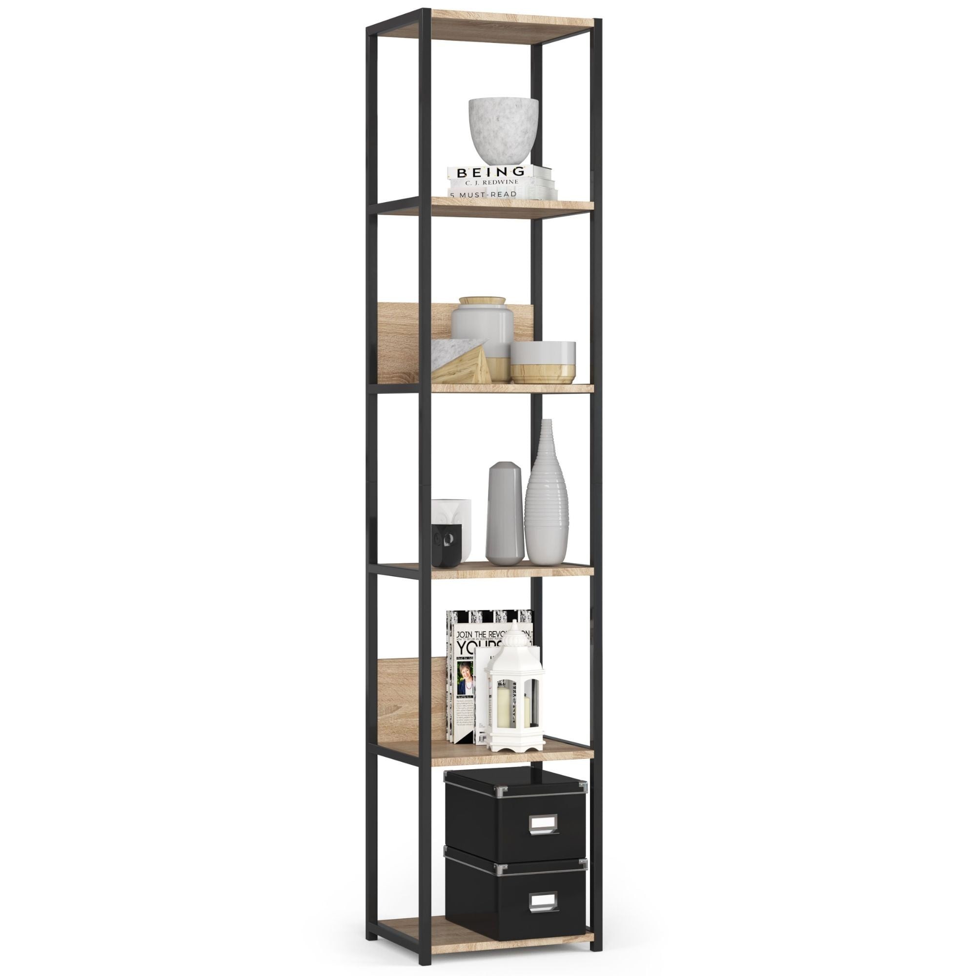 Ak furniture Knihovna Rita s kovovým rámem 40 cm - černá/dub sonoma - 6 polic