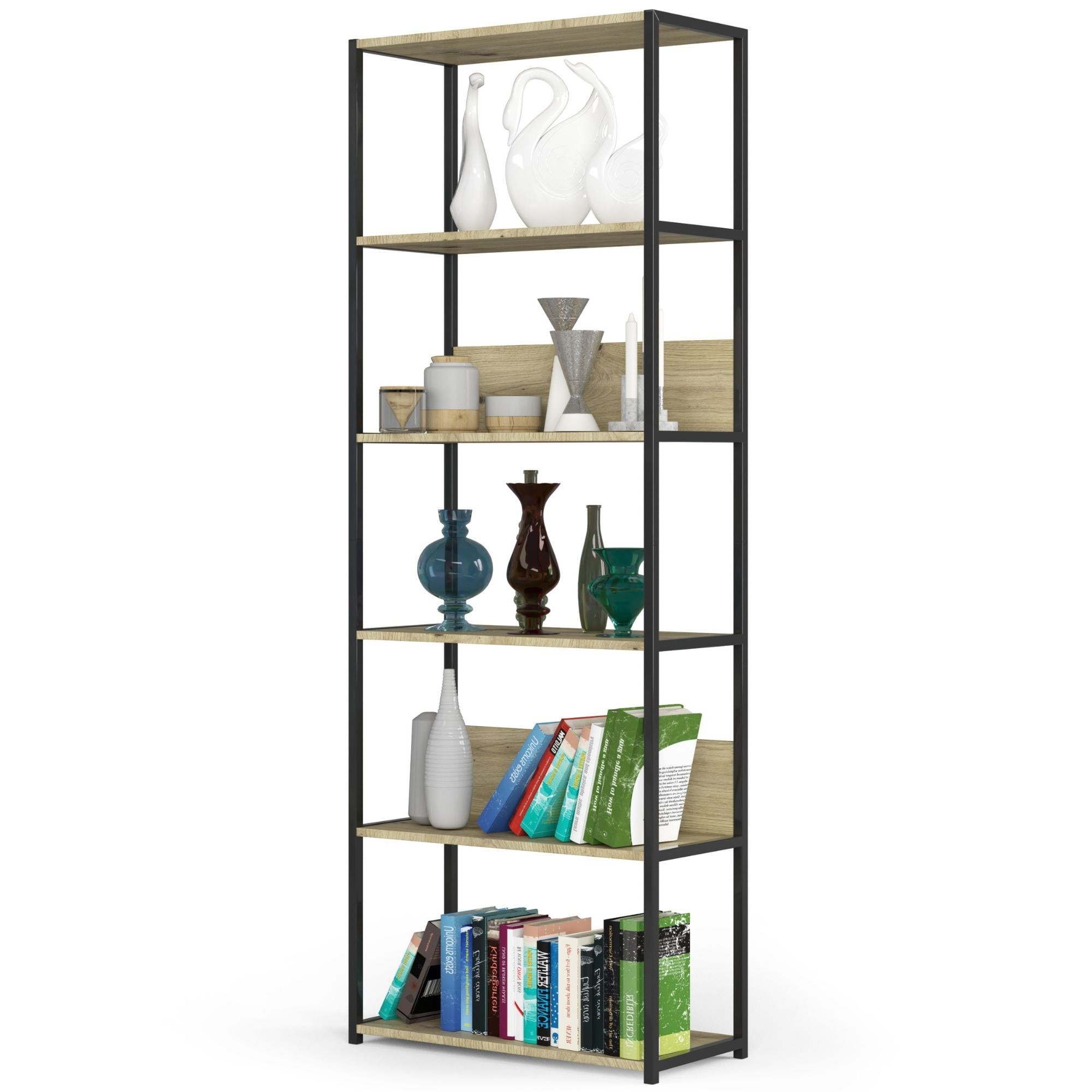 Ak furniture Knihovna Rita s kovovým rámem 70 cm - černá/dub artisan - 6 polic - Obrázek 2