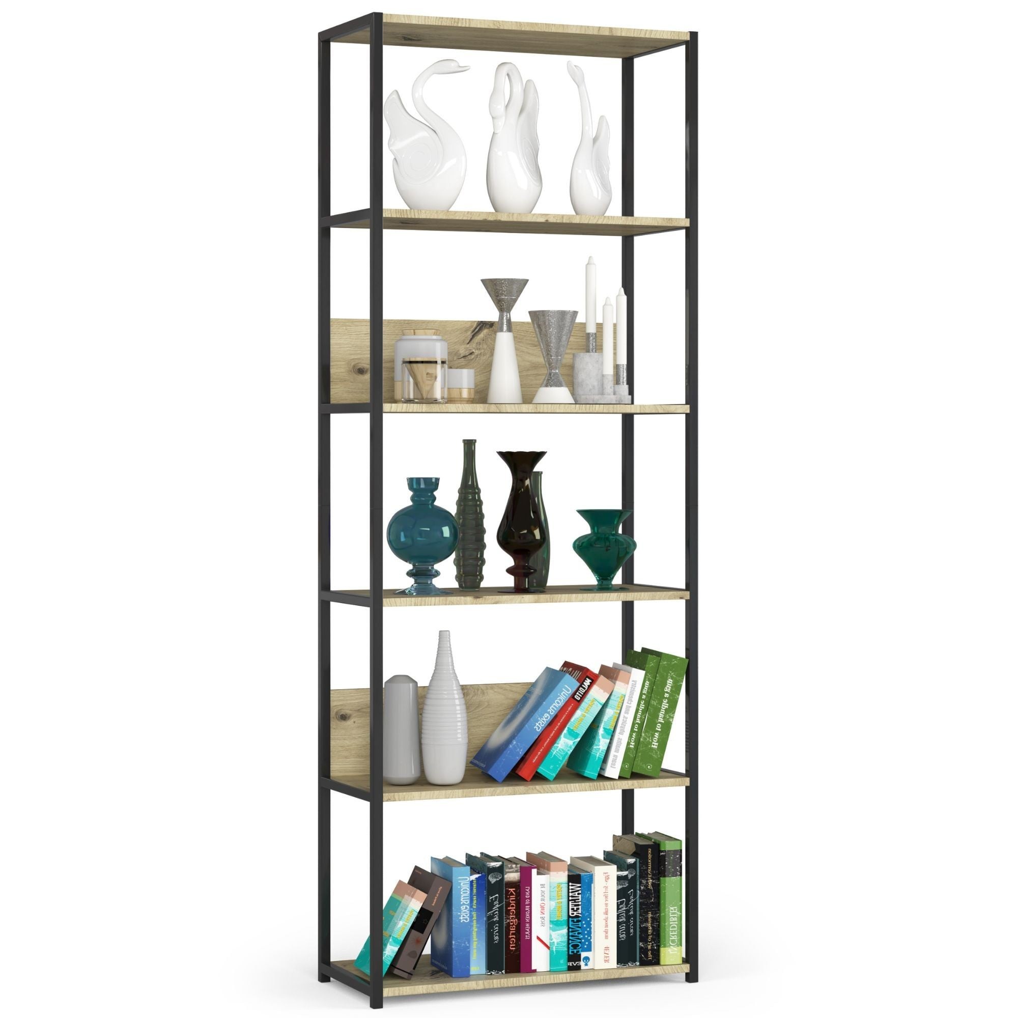Ak furniture Knihovna Rita s kovovým rámem 70 cm - černá/dub artisan - 6 polic
