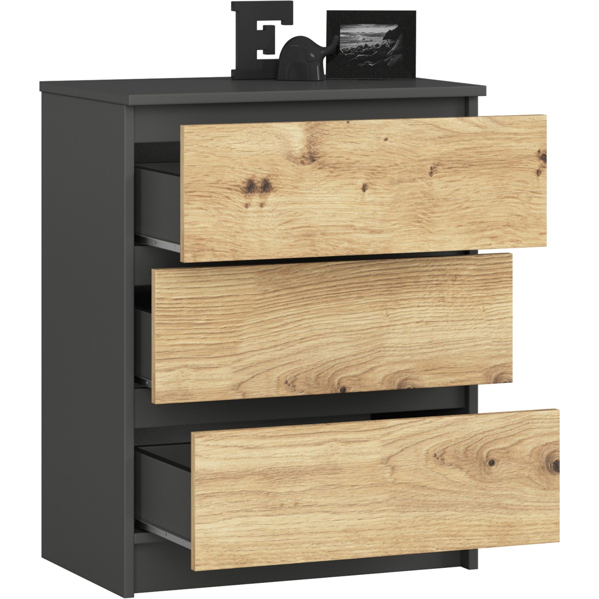 Ak furniture Komoda Kuba 60 cm se 3 zásuvkami grafit/dub artisan - Obrázek 2
