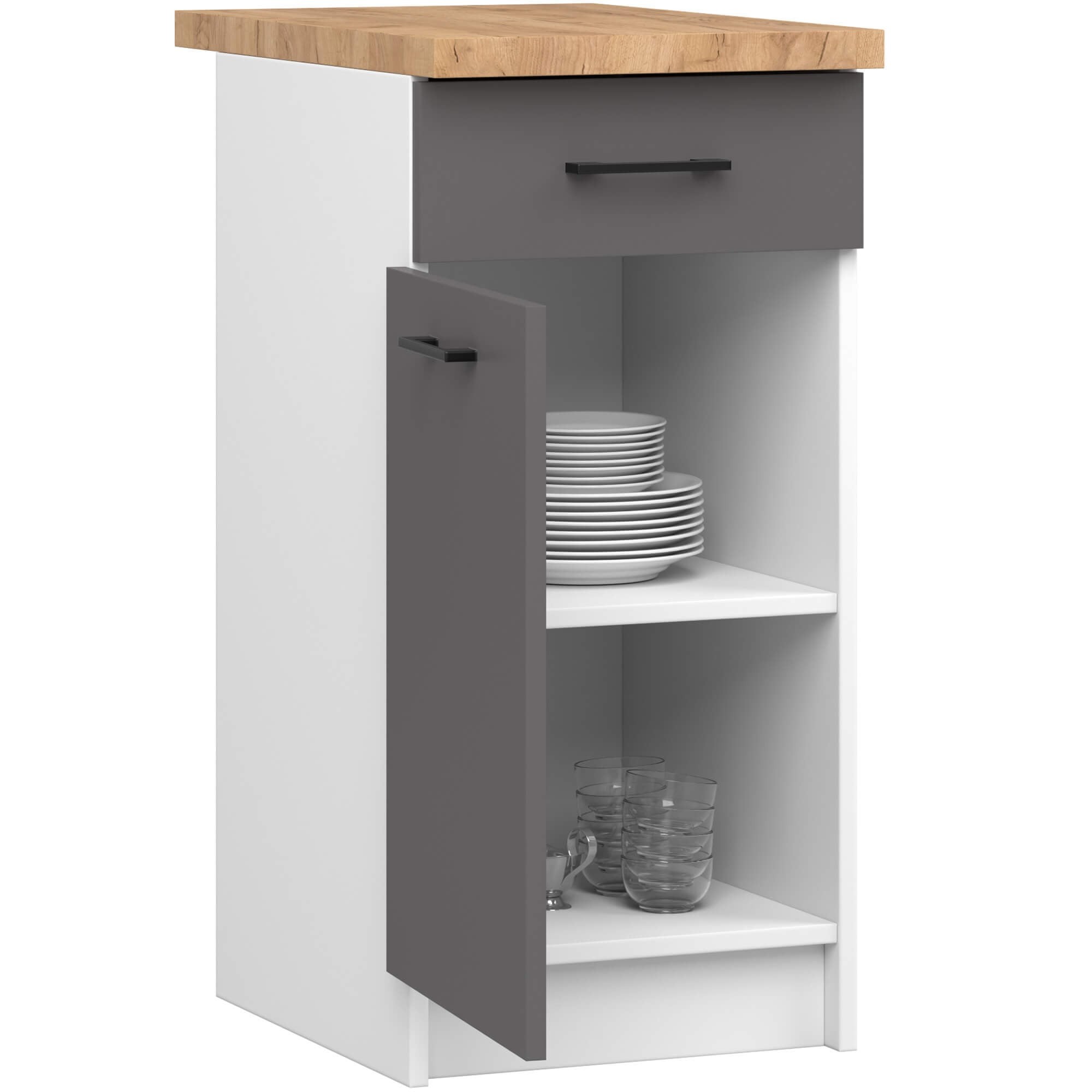 Ak furniture Kuchyňská skříňka OLIVIE 40x85 cm matná bílá/matná grafitově šedá/dub přírodní - Obrázek 2