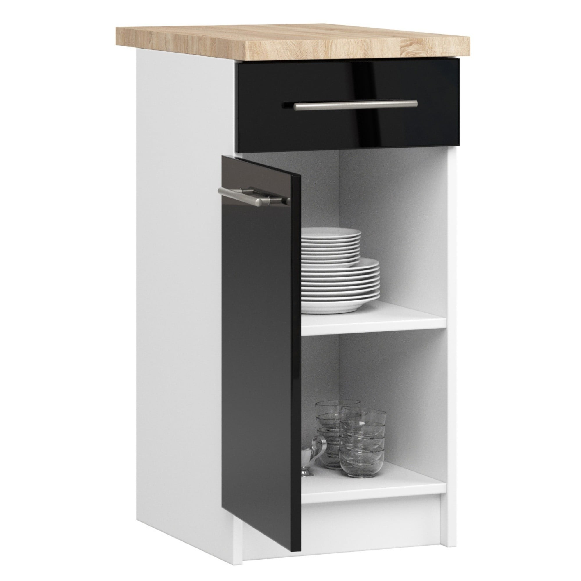 Ak furniture Kuchyňská skříňka Olivie S 40 cm 1D 1S bílá/černý lesk/dub sonoma - Obrázek 2