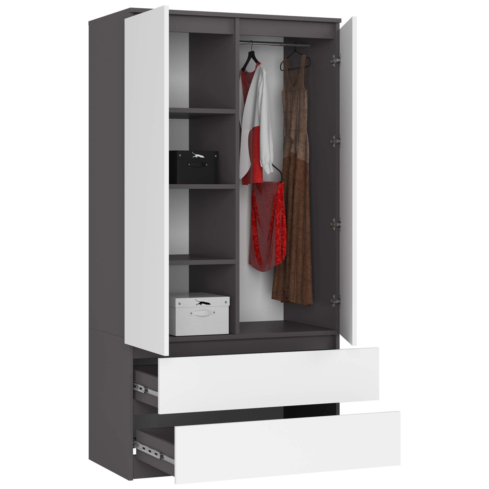 Ak furniture Šatní skříň CLP S 90 cm 2 dveře 2 zásuvky grafitově šedá/bílá - Obrázek 2