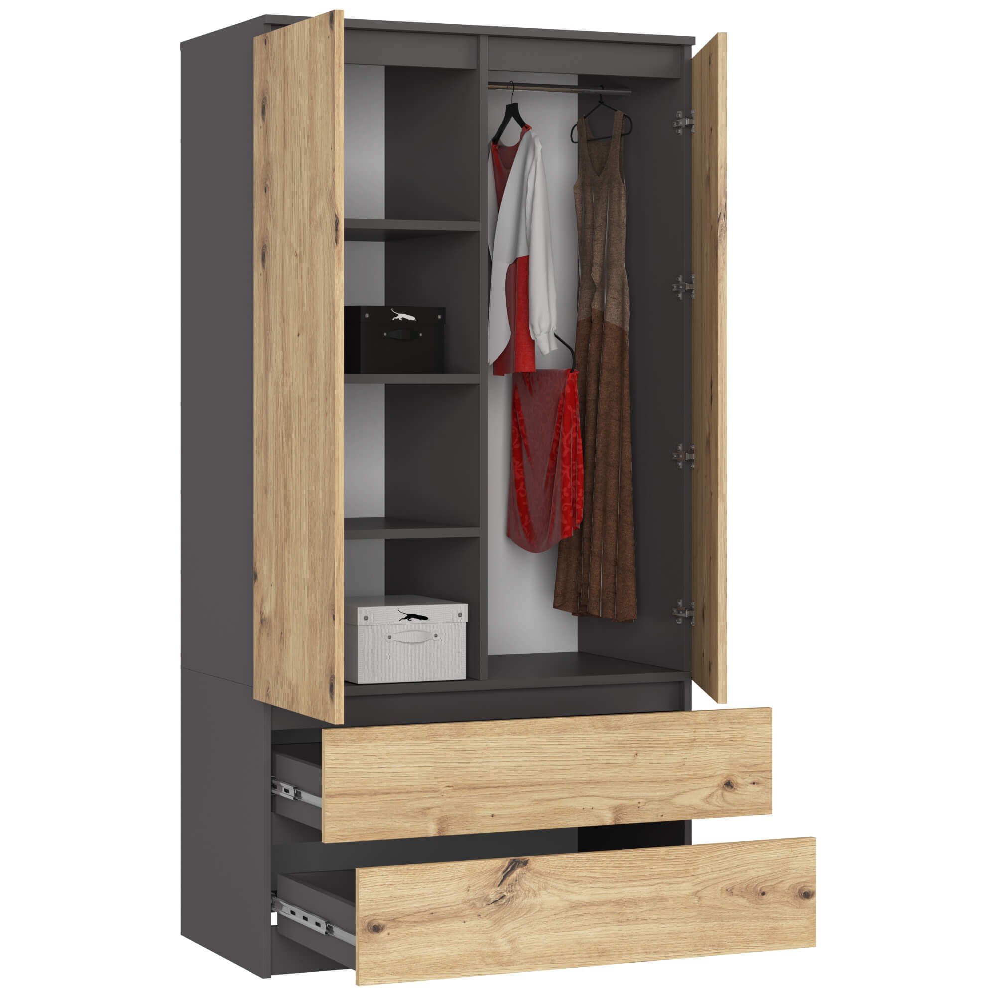 Ak furniture Skříň CLP S 90 cm 2 dveře 2 zásuvky grafitově šedá/dub artisan - Obrázek 2