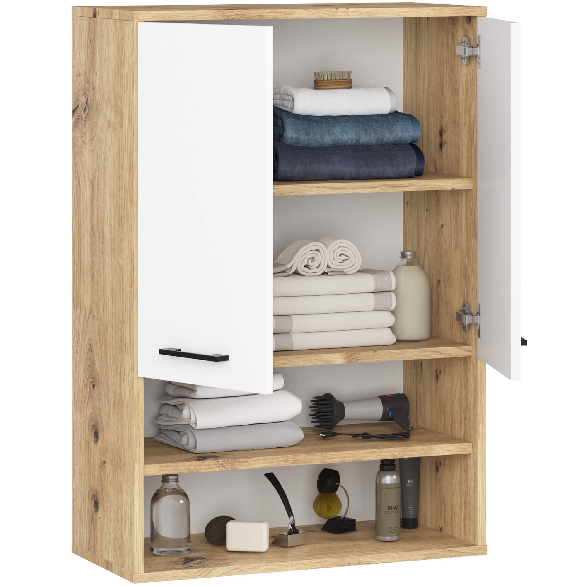 Ak furniture Závěsná koupelnová skříňka Fin W64 2D 64 cm bílá/dub artisan - Obrázek 2