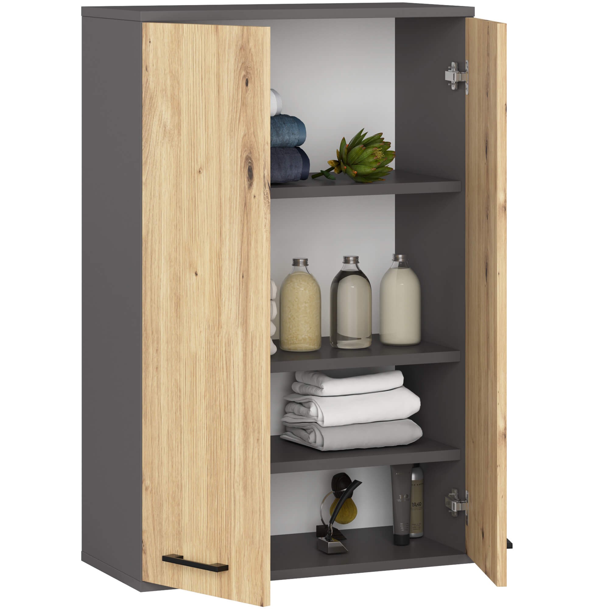Ak furniture Závěsná koupelnová skříňka Fin W64 64 cm grafit/dub artisan - Obrázek 2