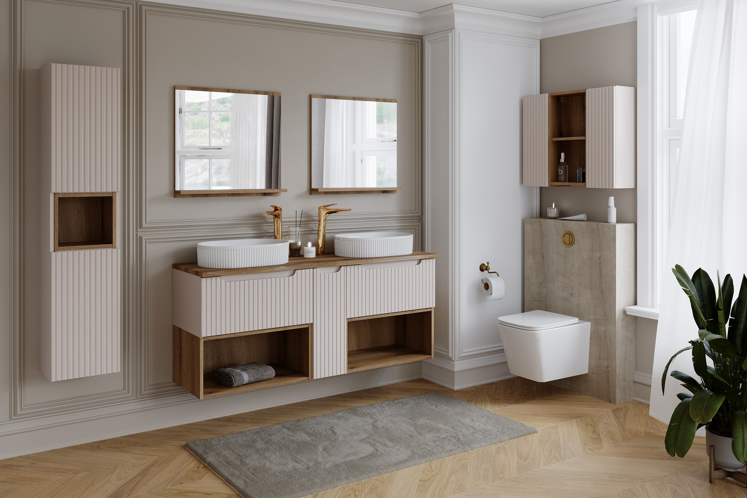 Comad Koupelnová skříňka pod deskové umyvadlo set Nova Cashmere 120 kašmír/dub cassela - Obrázek 2