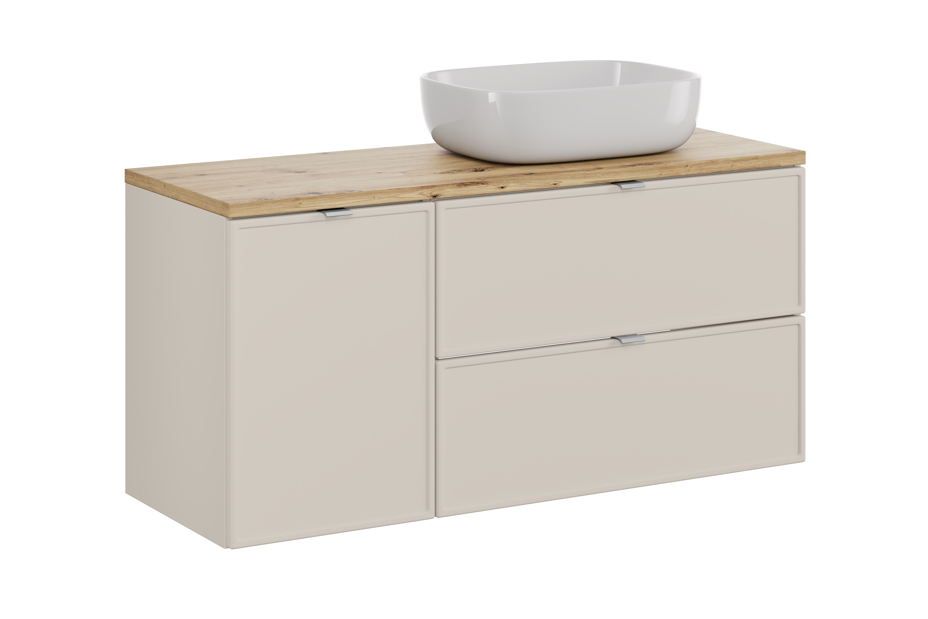 Comad Koupelnová skříňka s deskovým umyvadlem s košem na prádlo set Bella Cashmere 120 kašmír/dub artisan