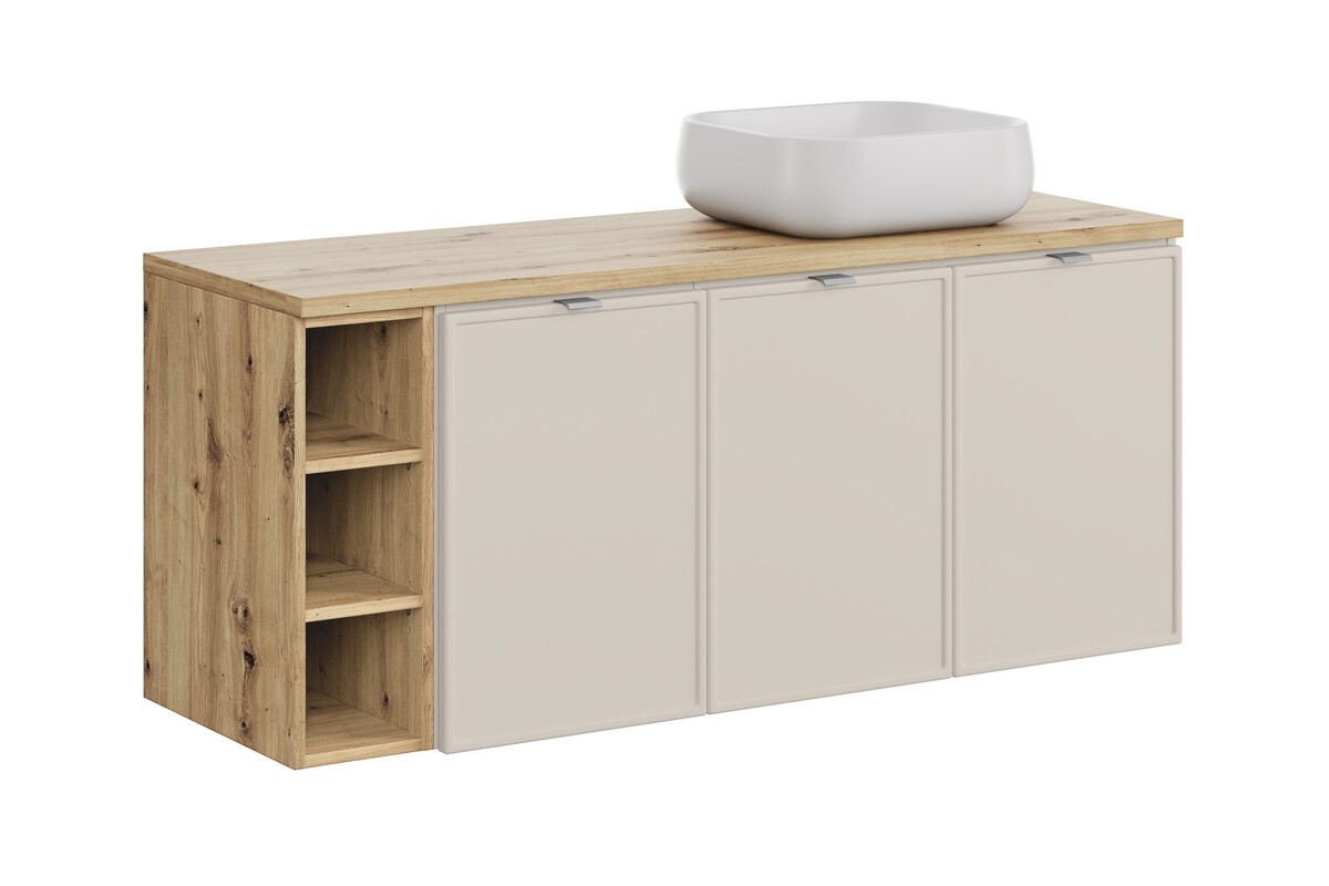Comad Závěsná skříňka Bella Cashmere Nika s deskou a umyvadlem 140 cm kašmírová/dub artisan