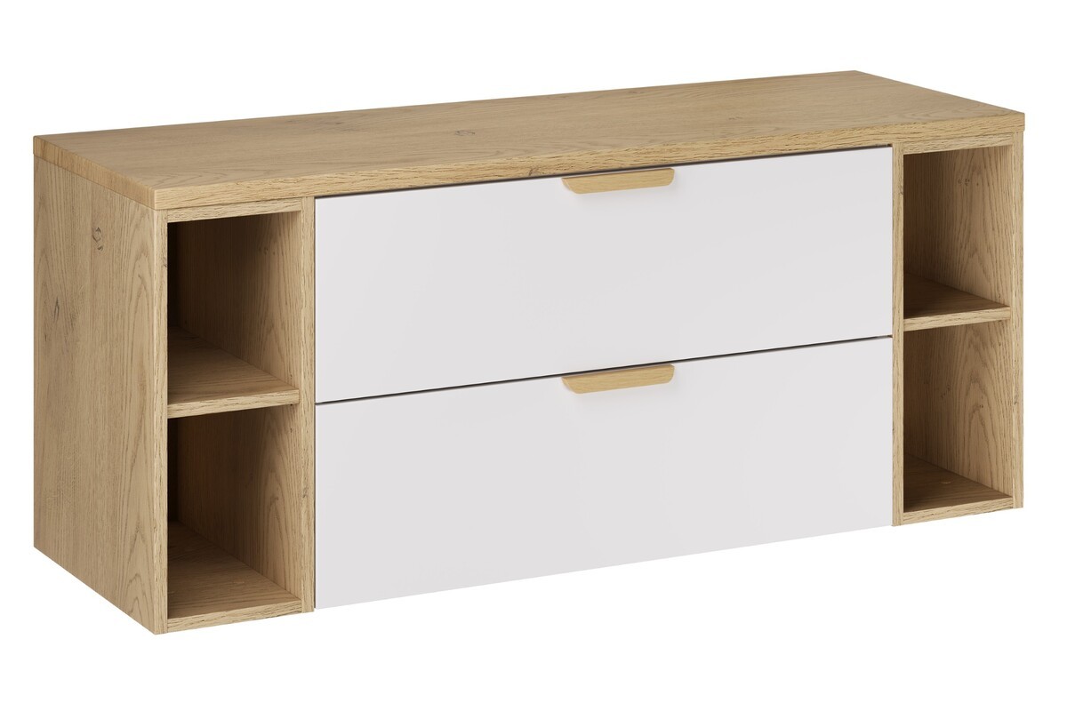 Comad Závěsná skříňka pod umyvadlo Aster Nordic s deskou a regály 120 cm bílá/dub cremona