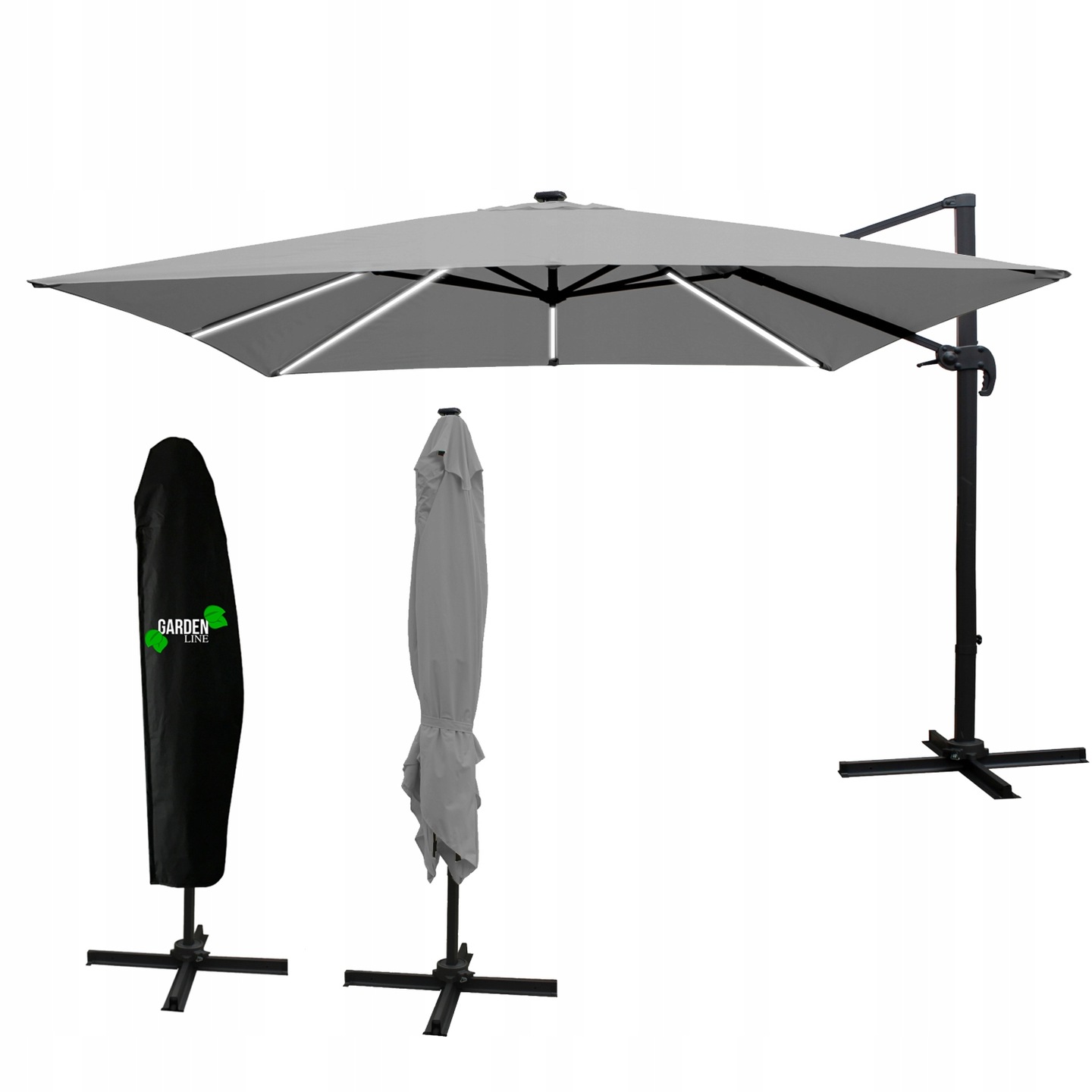 Garden Line Zahradní slunečník s ochranným obalem a LED osvětlením ROMA 300 x 400 cm šedý