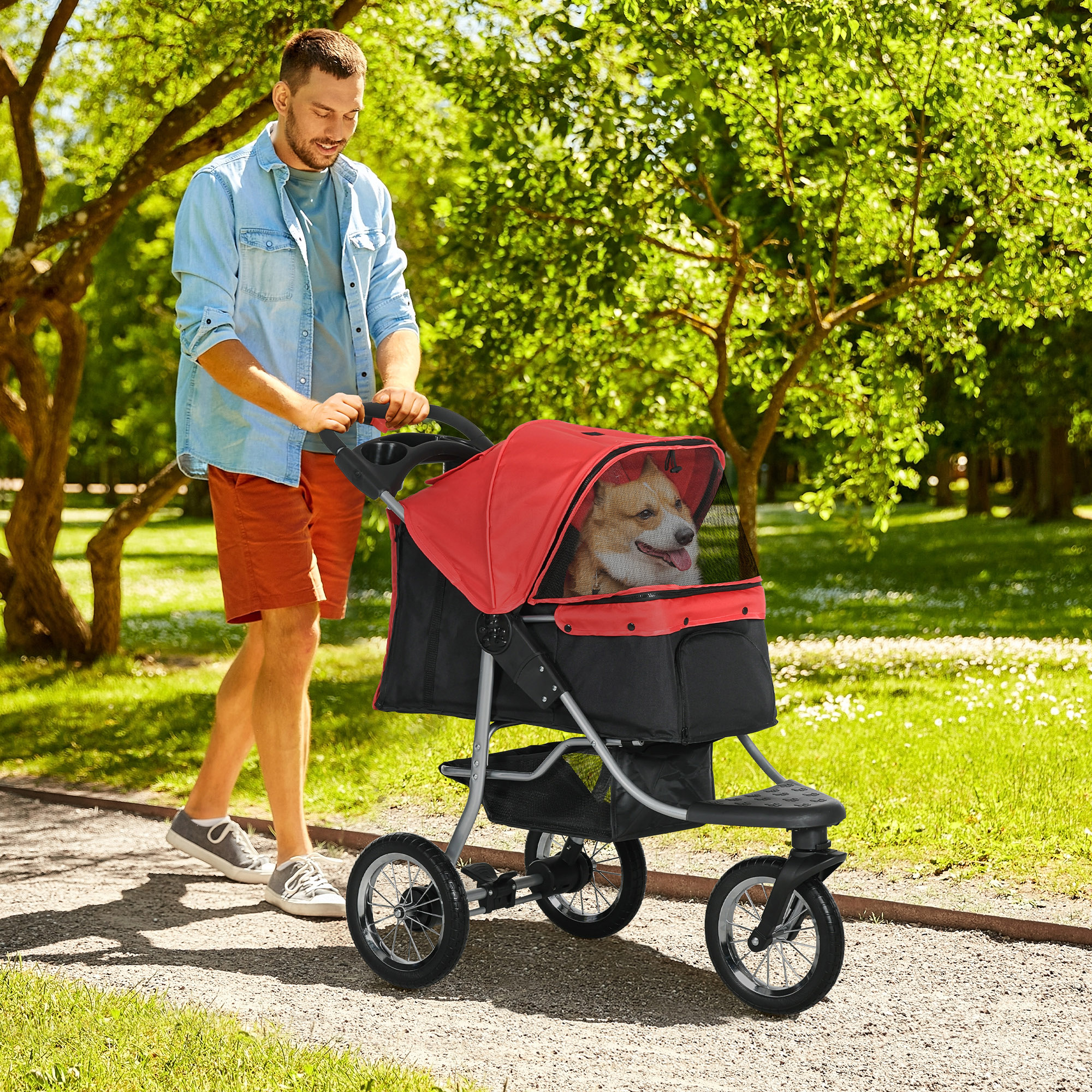 PAWHUT Kočárek pro psy do 10 Kg JOGGER se třemi koly skládací červená - Obrázek 2