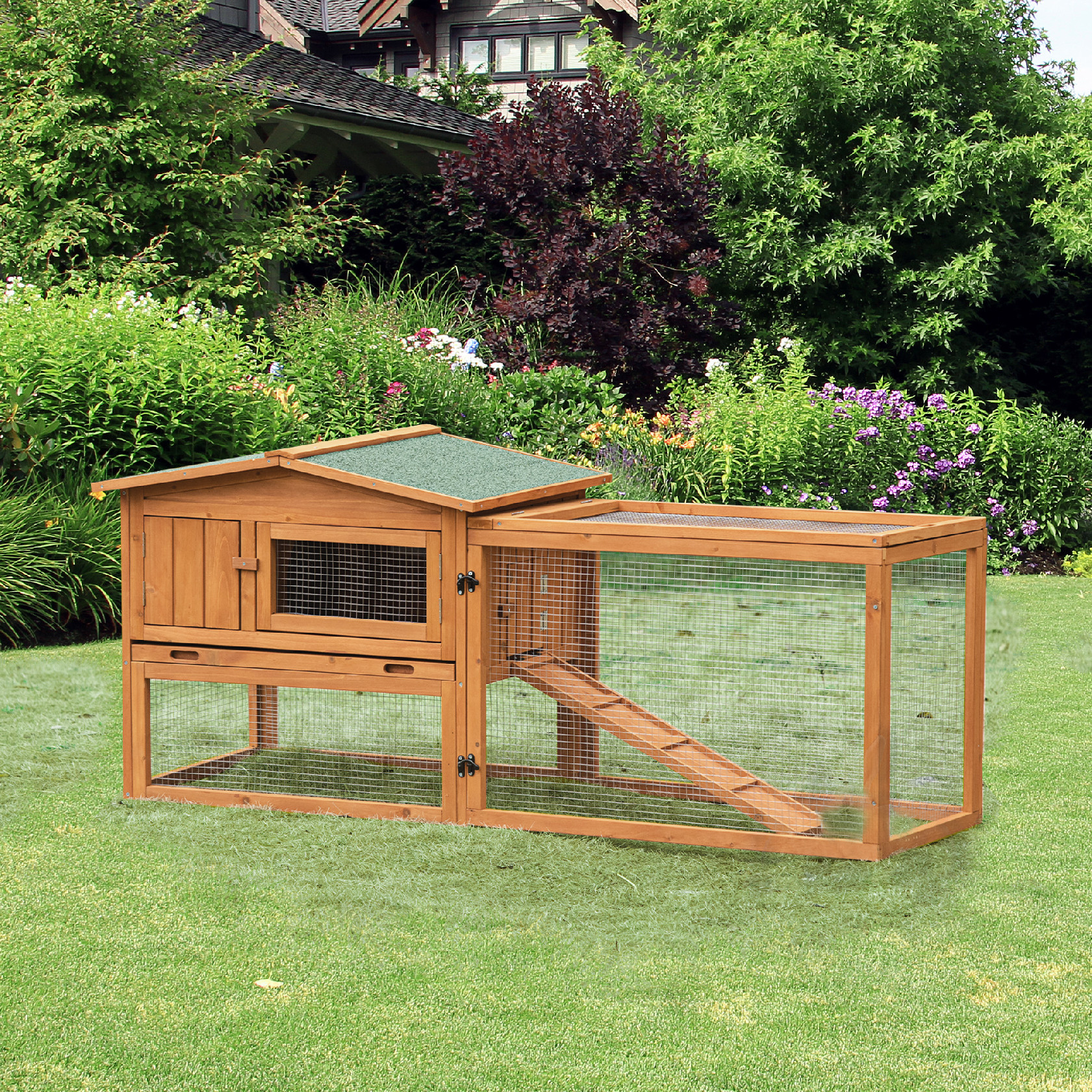 PAWHUT Venkovní domeček pro králíky s výběhem 156 x 68 x 58 cm jedlové dřevo - Obrázek 2