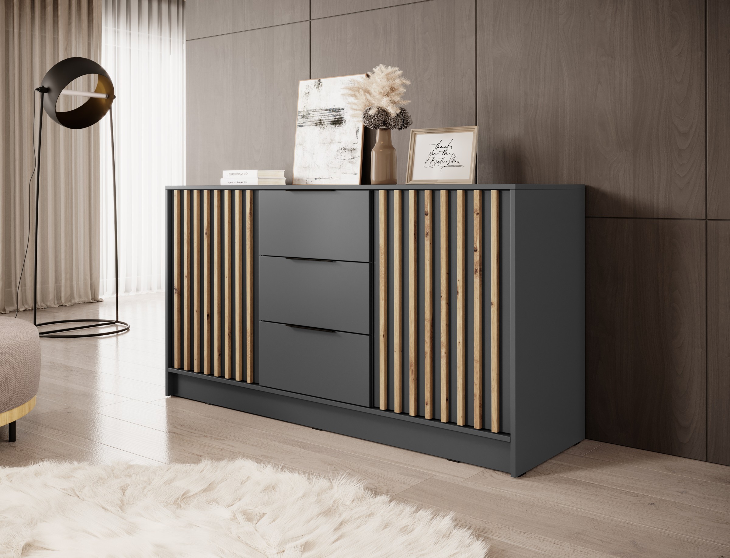 Piaski Komoda Nelly 3D 155 cm grafit/dub artisan - Obrázek 2