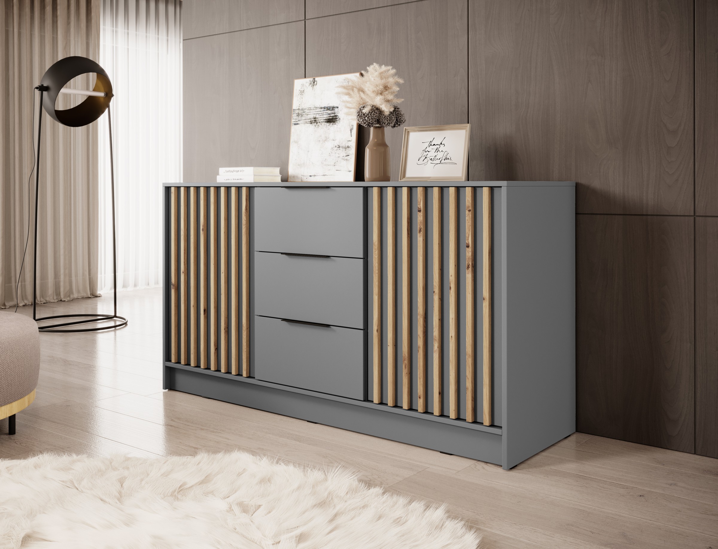 Piaski Komoda Nelly 3D 155 cm šedá/dub artisan - Obrázek 2