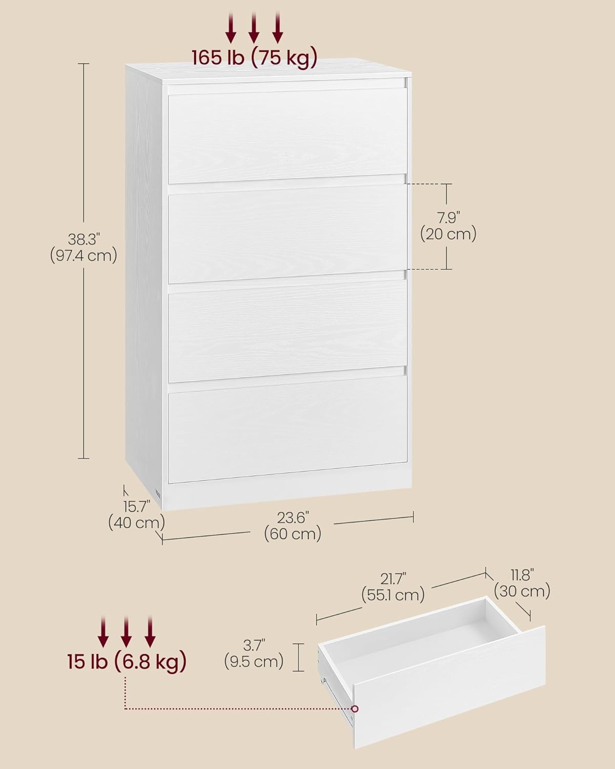 SONGMICS Komoda Vasagle Kailyn 60 cm bílá III - Obrázek 2