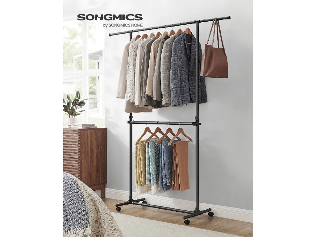 SONGMICS Pojízdný stojan na oděvy se dvěma lištami výškově nastavitelný 113–180 cm černá