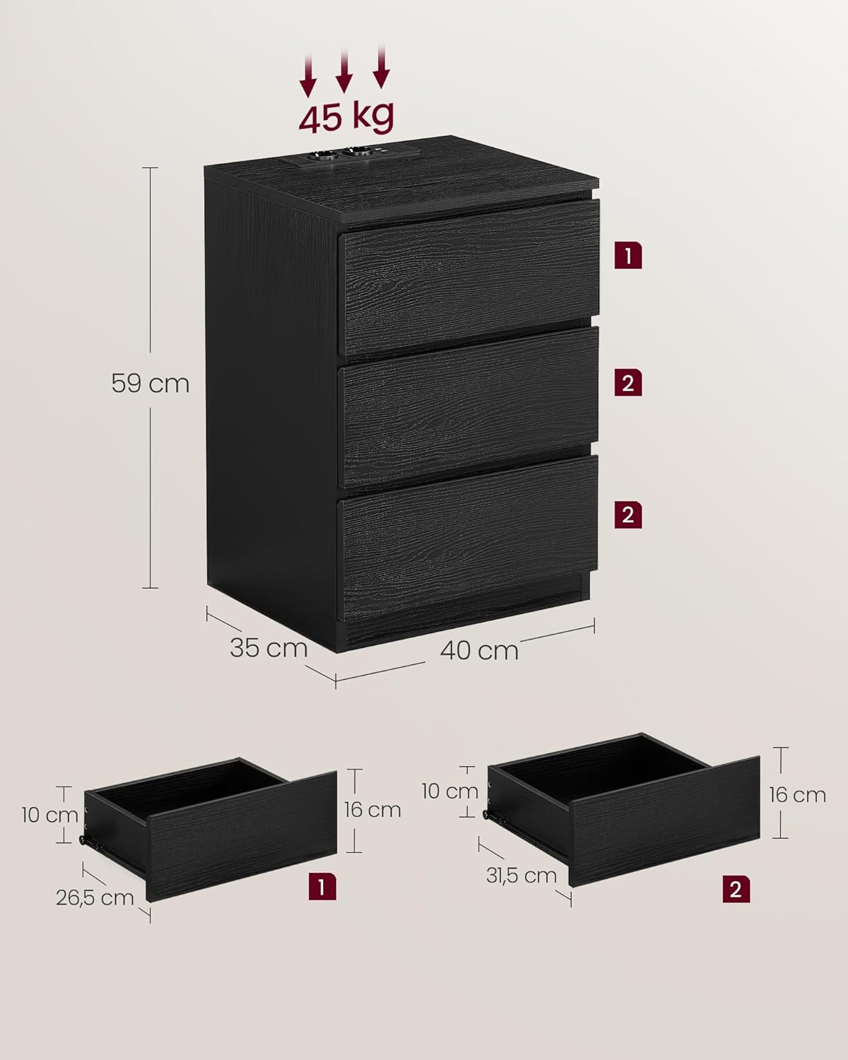 SONGMICS Sada 2 ks nočních stolků Vasagle Girgo se zásuvkou a USB porty černá - Obrázek 2
