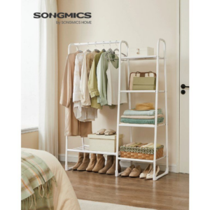 SONGMICS Stojan na oděvy s věšákem a pěti policemi 102 x 153 x 40 cm bílá