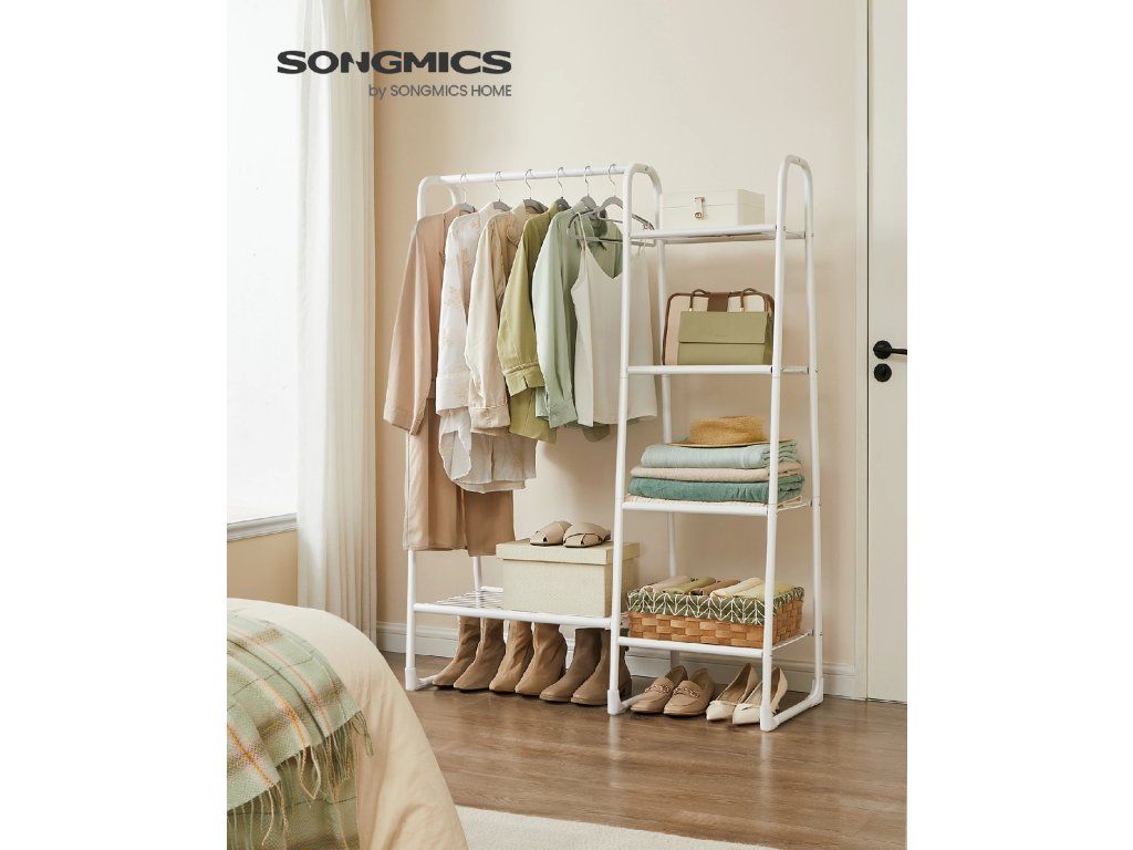 SONGMICS Stojan na oděvy s věšákem a pěti policemi 102 x 153 x 40 cm bílá